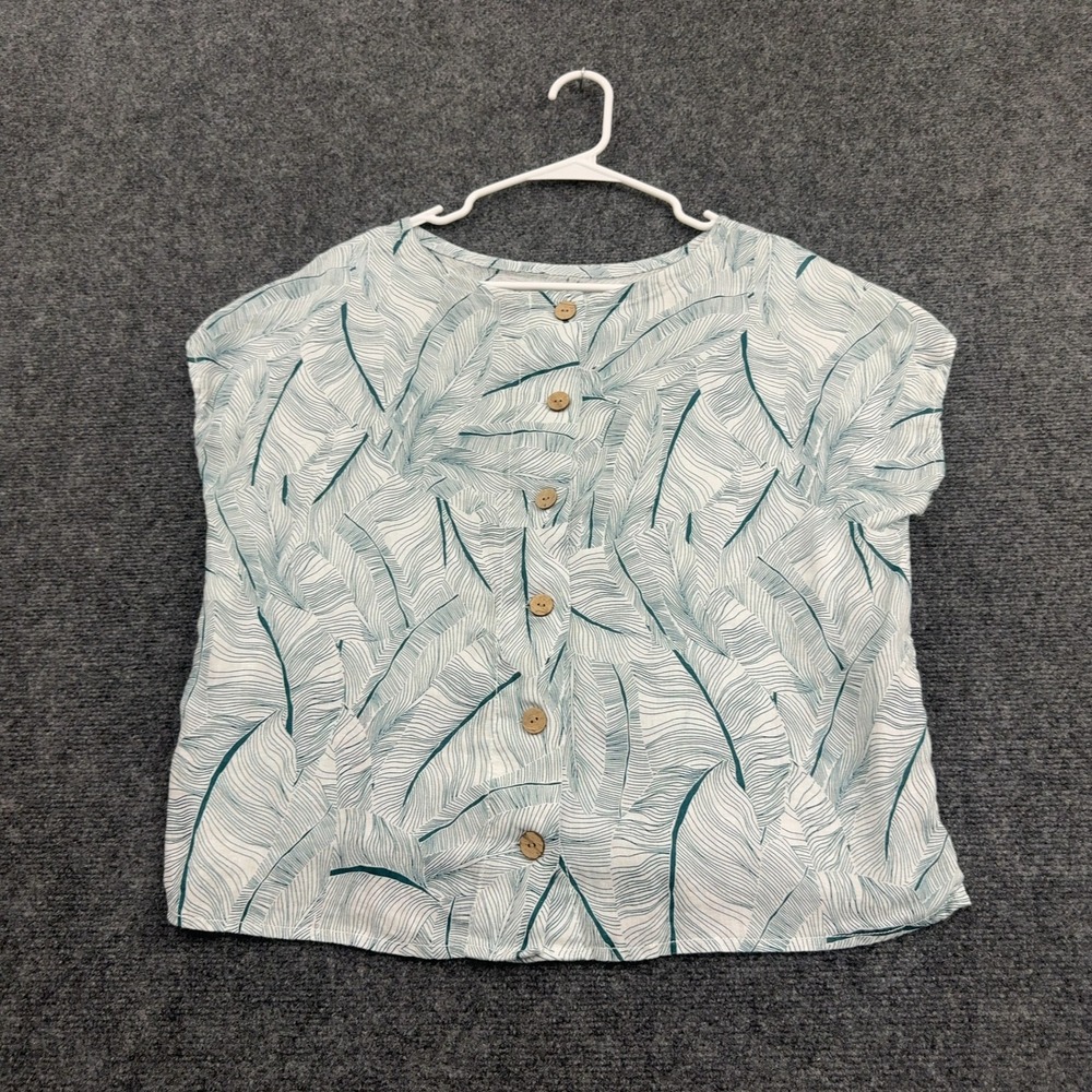 Tahari Top Womens Teal White 100% Linen Look Palm Leaf Button Front Boho Casual